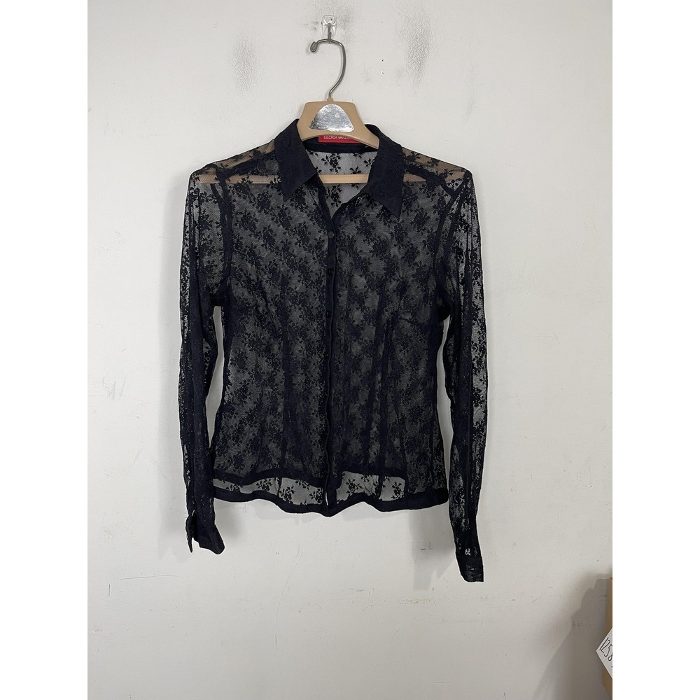Gloria Vanderbilt‎ Shirt Women Medium Black Lace Goth Emo Witchy Sheer Button Up